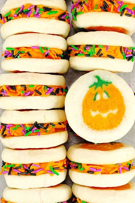 Halloween Sandwich Cookies So Easy, It’s Frightening! | RARE AND WORTHY Pillsbury Halloween Recipes, Spooky Sandwiches For Halloween, Halloween Cookie Sandwiches, Halloween Sandwich Cookies, Pillsbury Halloween Cookies Recipe, Philsbury Halloween Cookie, Philsbury Cookies, Halloween Sandwich, Spooky Baking