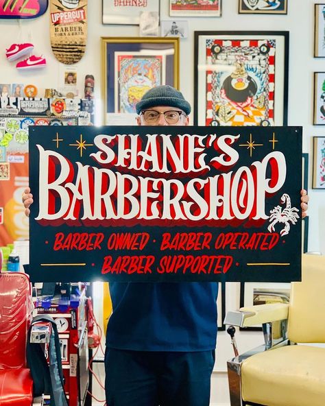 Barber Shop Signs Vintage, Hand Painted Shop Sign, Hand Painted Signs Lettering, Barber Shop Branding, Sign Painting Ideas, Barber Shop Poster, Barbershop Sign, Sandwich Board Sign, Barber Sign