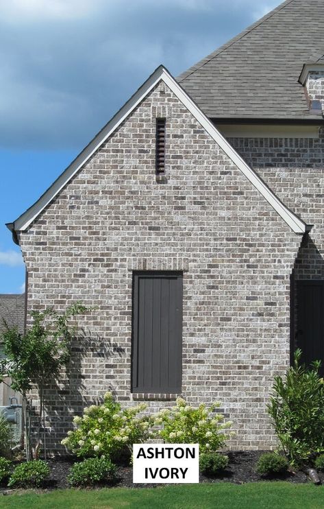 Gray Siding With Brick Exterior, Brown Brick Farmhouse Exterior, White And Grey Brick House Exterior, Grey Brick Homes Exterior, New Brick House Exterior, Exterior House Brick Colors, Stone Brick Exterior House, Smeared Brick Exterior, Exterior Brick Colors For House