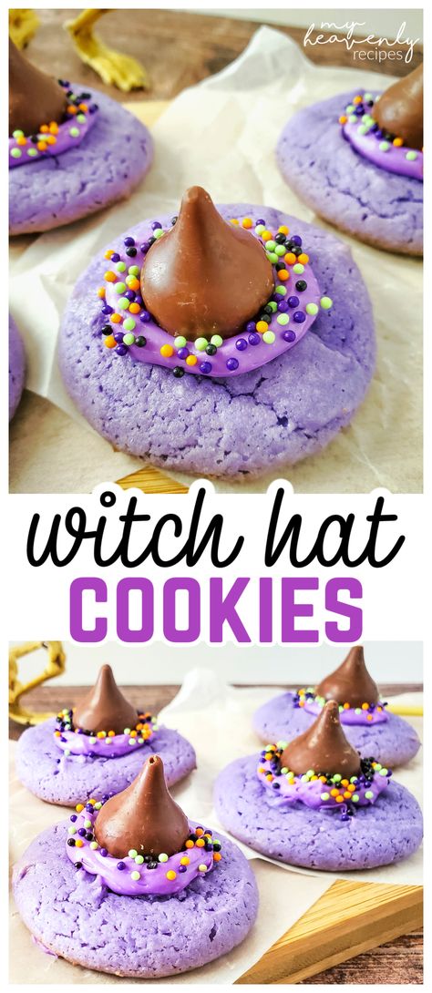 witch hat cookies Purple Witch Hat Cookies, Purple Halloween Cookies, Easy Halloween Party Dessert, Hersey Kiss Cookies, Witches Brew Cocktail, Halloween Themed Cookies, Halloween Party Desserts, Cookies With Sprinkles, Purple Cookies