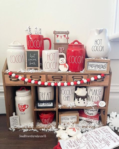 Hobby Lobby Shelf Decor, Hobby Lobby Shelves, Hobby Lobby Shelf, Tjmaxx Finds, Instagram Decor, Rae Dunn Collection, Hot Cocoa Bar, Hot Chocolate Bars, Cocoa Bar