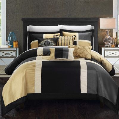 Chic Home Alleta 11 Piece Comforter Set Size: Queen, Color: Grey Patchwork Comforter, Luxury Colors, Deco Pillows, Pattern Layout, Luxury Embroidery, Complete Bedding Set, Contemporary Pattern, Gold Bedroom, Bedroom Décor