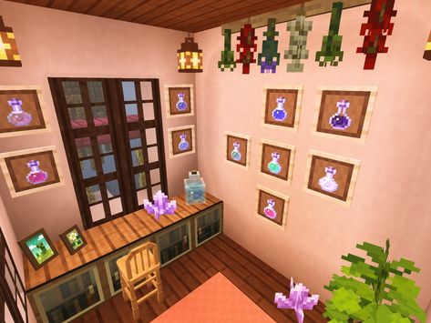 Minecraft Potion Hut Ideas, Minecraft Potion House Design, Minecraft Pottery Shop, Mincraft Idea Potion Room, Potion Store Minecraft, Potion Building Minecraft, Potion Shop Minecraft Interior, Minecraft Potions Shop, Potion Area Minecraft