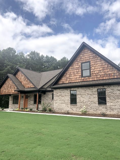 Brick: Marshton Queen Cedar Shake in Gables Bronze Windows Bronze Trim Cedar Shake Gables On House Exterior, Shaker Siding Exterior With Brick, Cedar Shake Siding Accent With Brick, Cedar Shakes On Gables House, Cedar And Brick Exterior, Brick And Cedar Shake Exterior, Bronze Windows Exterior, Brick And Shake Exterior, Cedar Shake Siding Accent