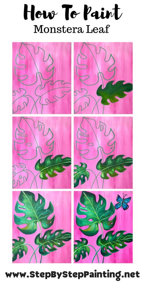 Monstera Leaf Aesthetic - Acrylic Painting Tutorial Plant Painting Step By Step, Jungle Theme Canvas Painting, Monstera Leaves Painting, How To Paint Monstera Leaf, Monstera Canvas Painting, Monstera Painting Acrylic Easy, Monstera Plant Painting Easy, Jungle Painting Acrylic Easy, Painting Ideas On Canvas Plants