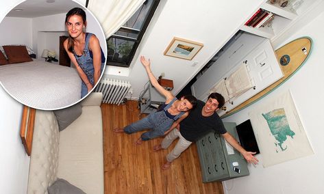 They say size isn't everything but Erin Boyle, 28, and her fiance James Casey, 30, bring a whole new level to the term 'micro-unit' with their impressively contained apartment in Brooklyn Heights. Erin Boyle, Brooklyn Heights, Shepherds Hut, Make It Work, A Month, Caravan, Small Spaces, Brooklyn, Home Appliances