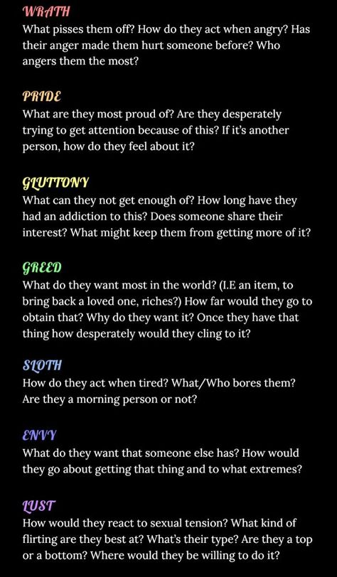 Motivational Writing Prompts, What Are The Seven Deadly Sins, Begging Prompts, How Many Characters Should Be In A Novel, Seven Deadly Sins Writing Prompt, How To Write A Scene In A Book, Fantasy Creative Writing Prompts, Scene Prompts Creative Writing, Scenes For Writing