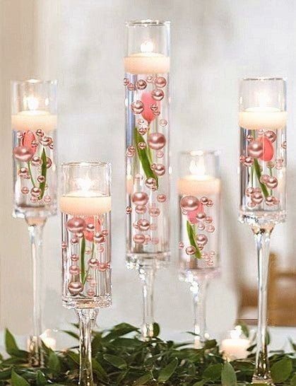 Glass painting ideas Wedding Table Decorations Dusty Rose, Rose Gold Centerpiece Birthday, Rose Gold Centerpieces Wedding, Pearl Centerpiece Wedding, Rose Gold Wedding Centerpieces, Rose Gold Bridal Shower Decor, Rose Gold Centerpiece, Rose Gold Vase, Vase Decorations