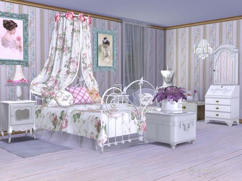 ShinoKCR's Shabby Chic Bedroom Sims 4 Shabby Chic, Teen Bedroom Sets, Royal Bedroom, Flower Bedroom, Yellow Design, Adult Bedroom, Sims 4 Cc Furniture, Shabby Chic Bedroom, Shabby Chic Bedrooms