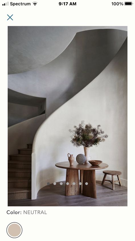 Round Stairs, Circular Stairs, Japandi Interior Design, Interior Staircase, Steel Dining Table, Anthropologie Home, Stair Case, Curved Walls, Curved Staircase