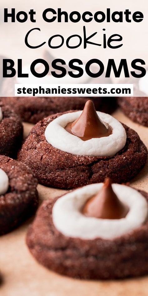 These fudgy hot chocolate cookie blossoms are perfect for the holidays. They are topped with a melty marshmallow and Hershey's Hot Cocoa Chocolate. Easy Unique Cookie Recipes, Christmas Chocolate Cookies, Hersheys Hot Chocolate, Oreo Christmas Cookies, Hot Chocolate Brownies Recipe, Cookie Blossoms, Blossoms Cookies, Top Christmas Cookies, Hot Chocolate Cookie Recipes