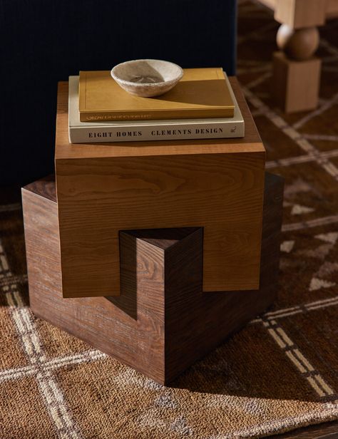 Our Brayden side table offers more than surface space; it brings a sculptural statement to the room. Two interlocking blocks of wood are stacked at an angular offset in dual finishes to accentuate the unique joinery and artful silhouette. This wood end table is the perfect way to add natural grain texture to a modern edit. Unique Wooden Side Table, Sectional Side Table, Unique End Table, Two Tone Side Table, Funky Side Tables, Cool Side Tables, Unique Bedside Table, Modern Side Table Design, Sculptural Side Table