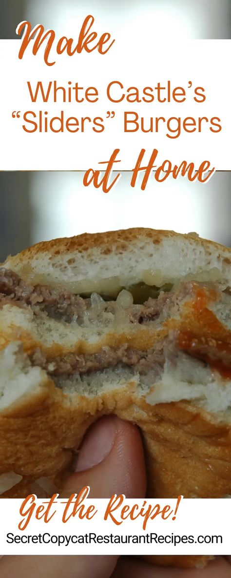 White Castle “Sliders” Burger Recipe Copycat Hamburger Recipes, White Castle Sliders Recipes Copycat, Homemade White Castle Sliders, Krystal Burgers Recipe Sliders, Copycat White Castle Sliders, Whitecastle Burgers, White Castle Sliders Recipes, Sliders White Castle, Sliders Burger