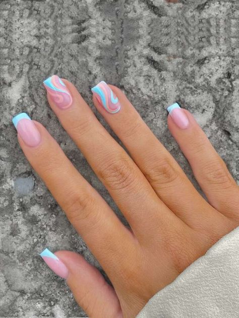 Key West Nails Summer, Nails For Switzerland, Cute College Nails, Acrylic Nails For Florida Vacation, Cute Nail Pictures, Summer Birthday Nails Square, Easter Nails Squoval, Teal Gel Nails Short, Blue And Pink Swirl Nails