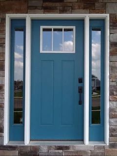 Teal Front Door Grey House, Indoor Door Colors, Teal Front Door, Orange Brick Houses, Grey Brick Houses, Brown Brick Houses, Teal Front Doors, Teal Door, Garage Door Colors