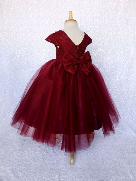 Floral French Lace Short Sleeve V-back 3 Layer Tulle Burgundy Dress Wedding Bridesmaid Flower Girl Graduation Pageant Ceremony Recital Chic - Etsy Bow Photoshoot, Infant Pageant, Formal Flower Girl, Layered Tulle Dress, Wedding Bridesmaid Flowers, Burgundy Gown, Flower Girl Wedding, Sleeved Wedding, Dress Bow