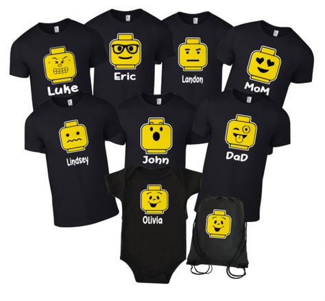 Lego Personalized Family Shirts with Facial Expression Legoland T-Shirts Cricut Lego, Legoland Shirts, Legoland Birthday, Lego Classroom, Personalized Disney Shirts, Lego Shirts, Lego Themed Party, Family Vacation Tshirts, Lego Head