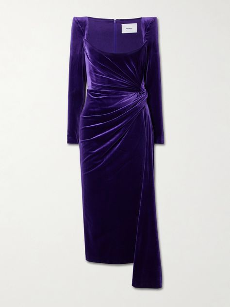 Alex Perry's midi dress is made from stretch-velvet in a deep purple that enhances the fabric's luster. Designed to accentuate your figure, it has boning through the bodice, padded shoulders and a twist at one hip that creates an effortless drape. Complement it with silver accessories. Velvet Occasion Dress, Deep Purple Dress, Purple Midi Dress, Velvet Midi Dress, Alex Perry, Exclusive Dress, Stretch Velvet, Silver Accessories, Clothes Collection