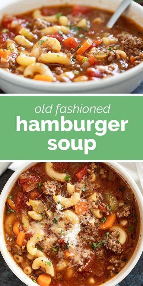 A favorite childhood comfort food, this Hamburger Soup is a cold night must have. Filled with veggies, ground beef, and noodles, it is filling and delicious. Hamburger Mushroom Soup, Soups With Hamburger Meat, Delicious Ground Beef Recipes, Ground Beef And Noodles, Slow Cooker Hamburger Soup, Hamburger Vegetable Soup, Bean And Bacon Soup, Hamburger Stew, Macaroni Soup