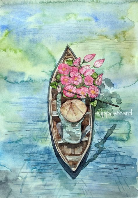 Vietnamese Art Painting, Vietnamese Boat Tattoo, Small Size Paintings, Painting On Watercolor Paper, A4 Size Painting, Display Watercolor Paintings, Watercolor On Handmade Paper, Professional Watercolor Paintings, Vietnamese Drawing