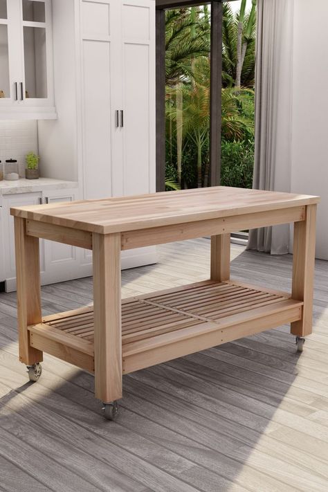 DIY wooden butcher block kitchen island on wheels Diy Butcher Block Island, Easy Diy Kitchen Island, Butcher Block Ideas, Rolling Island, Garden Diy Furniture, Butcher Block Kitchen Island, Diy Butcher Block, Butcher Block Tables, Kitchen Island Tops