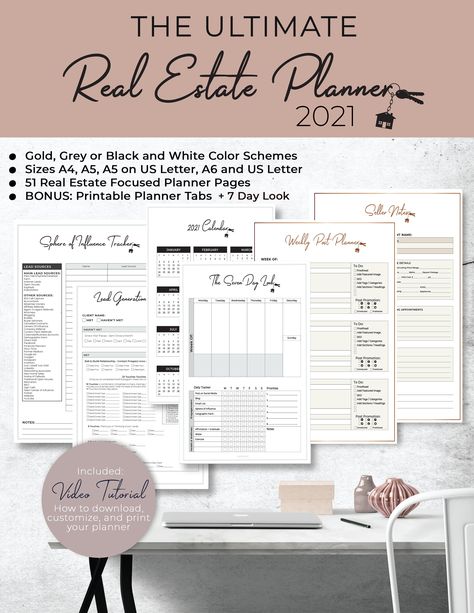 Ultimate 2020/2021 Real Estate Business Planner - Instant Digital Download | Gold, Silver, Black/White| A4, A5, A5 Crop, A6 & US Letter 2023 Real Estate, Real Estate Planner, Birthday Tracker, Planner Tabs, Real Estate Career, Real Estat, Finance Tracker, Home Planner, Sell Your House Fast