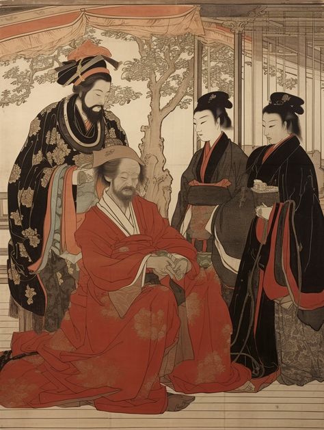 Emperor depicted in Japanese woodprint style, traditional Japanese art, detailed print, eastern art. Inspired by Kitagawa Utamaro. AI-generated Japanese Woodprints, Kitagawa Utamaro, Japanese Emperor, Japanese Doctor, Asian Aesthetic, Traditional Japanese Art, Eastern Art, Ancient China, Traditional Japanese