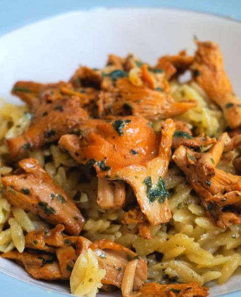 Creamy Orzo With Chanterelles | Recipe | Cuisine Fiend Dried Chanterelle Mushroom Recipes, Vegan Chanterelle Recipes, Wild Golden Chanterelles Recipe, Golden Chanterelle Recipes, Chanterelle Recipe, Chantrell Mushrooms Recipes, Chanterelle Mushroom Recipes, Chanterelle Recipes, Creamy Orzo Pasta