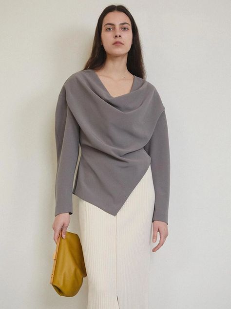 COWL NECK BLOUSE [KHAKI] | W Concept Cowl Neck Blouse, Slouchy Top, Stitching Ideas, Formal Tops, Fancy Dress Design, Cowl Neck Top, Equestrian Outfits, W Concept, Satin Blouse