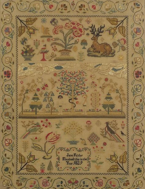 19th century needlework sampler by Jane Faldor embroidered with animals and flowers, framed and g Animals And Flowers, Antique Samplers, Decorative Borders, Illuminated Manuscripts, Illuminated Manuscript, Art Refs, Old Ones, The Alphabet, Model Trains