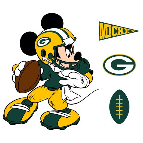 Features: Thick, high-grade vinyl resists tears, rips & fading. Reusable design is safe for walls. Sticks to most smooth surfaces. Details: Indoor use. No tape or tacks required. Made in USA. | Green Bay Packers: Mickey Mouse - NFL Removable Adhesive Decal XL Green Bay Packers Funny, Packers Funny, Green Packers, Packers Logo, Mickey Mouse Svg, Green Bay Packers Logo, Football Logos, Mouse Art, Football Wallpapers