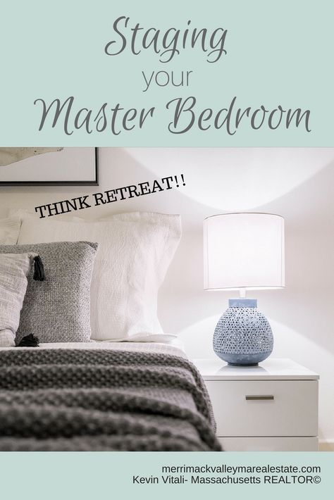 The master bedroom can be one of the more important rooms in a home you are about to sell.  I recently did an article on staging a bathroom and I said think 'spa'.  When it comes time to stage your master bedroom think 'retreat'! Remember staging and presenting your home for resale can be very different than how you actually live in your home. Staging is about presenting possibilities and potential and not about decorating.  It is about giving a buyer a clean slate to envision how they see ... Bedroom Staging, House Staging, Gray Decor, Staging Ideas, House Sale, Home Staging Tips, Cute Dorm Rooms, White Bed, Gray Paint