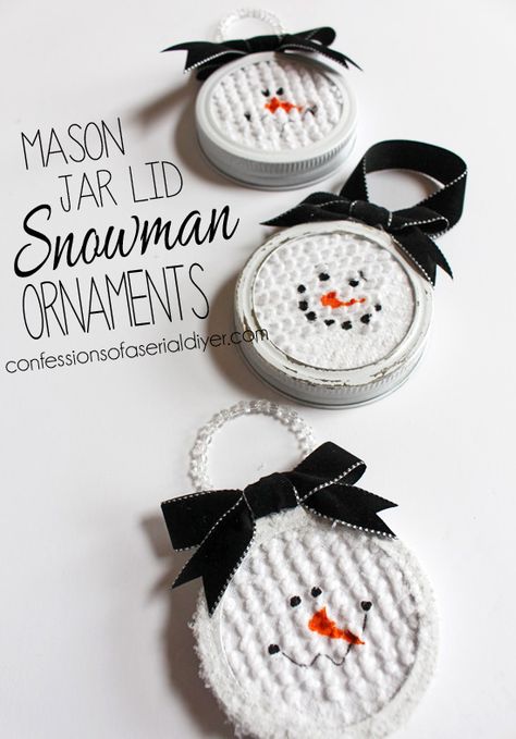 Mason Jar Lid Snowman Ornaments | The NY Melrose Family Jar Lid Crafts, Diy Schneemann, Mason Jar Lid, Mason Jar Lids, Snowman Crafts, Snowman Ornaments, Mason Jar Diy, Mason Jar Crafts, Jar Crafts