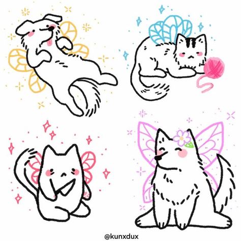 kunxdux on Instagram: "cute fairy cats and dogs!!!!!!! still have free slots in commissions :) #doodling #cutecats #cutedogs #catsofinstagram #dogsofinstagram #doodlesofinstagram #art #digitalart #procreate #fairycat #fairydog #fairies #pinkpinkpink #reactionboi #uwu #kawaii #pinterest #tumblr #visualart #ilustration #puppies #kitten #drawing #doodleart" Dog Fairy Tattoo, Fairy Dog Tattoo, Fairy Cat Tattoo, Cat Drawing Tumblr, Fairy Doodle, Fairy Cats, Rockabilly Tattoos, Kitten Drawing, Cat Drawings