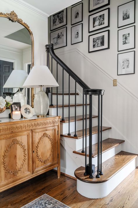 How to replace iron balusters and newel post for a DIY staircase makeover on a tight budget by using tool rentals from @sunbeltrentals to reduce project costs. #sponsored #sunbeltrentals Stair Landing With Window, Photos Up Staircase, Staircase Redo, Replace Stairs, Gallery Wall Stairs, Stairway Gallery, Stairway Gallery Wall, Stair Wall Decor, Diy Stairs Makeover