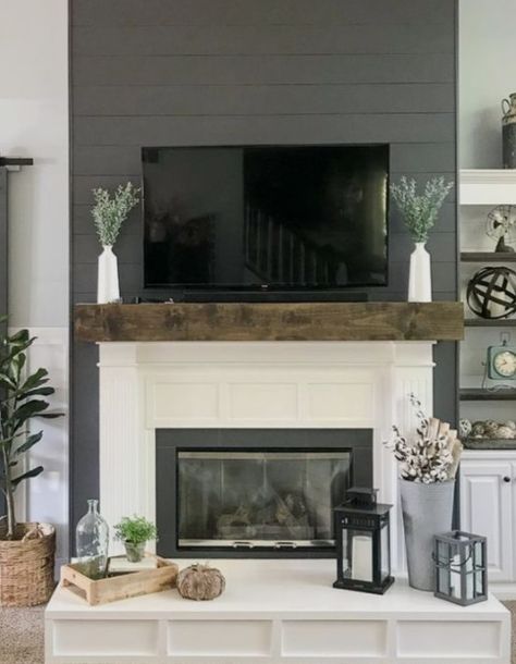 Dark Wall Light Fireplace, Black Fireplace White Shiplap, Black Fireplace With Hearth, Black Shiplap Above Fireplace, Dark Grey Shiplap Fireplace, Navy Blue Shiplap Fireplace, Grey Shiplap Fireplace, Gray Shiplap Fireplace, White Brick Fireplace Makeover