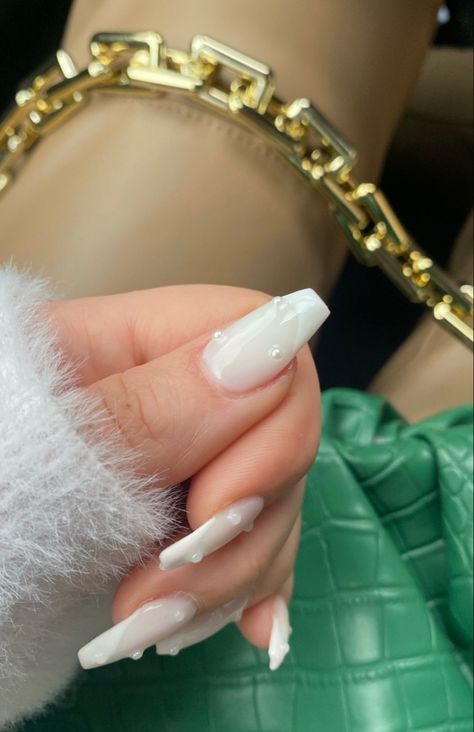 Milky Nails With Pearls, Milky White Nails With Pearls, Pearl Gem Nails, Simple Nails Nude, Nails With Pearls, Engagement Board, Shower Nails, Almond Shaped Nails Designs, Baby Shower Nails