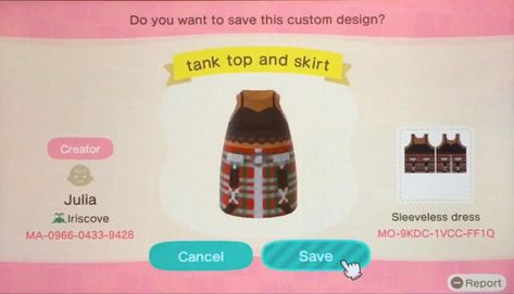 Animal Crossing Tank Top Design, Acnh Clothes Design Id, Acnh Clothes Design, Tank Top And Skirt, Acnh Clothes, Top And Skirt, Top Design, Tank Top Designs, Animal Crossing