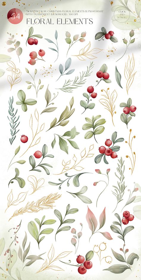 Berries Watercolor, Botanical Christmas Illustration, Christmas Watercolor Background, Flowers Elements, Cranberry Watercolor, Christmas Cranberry, Cranberry Art, Christmas Floral Wallpaper, Watercolor Leaves Pattern