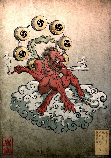 Raijin- thunder god Raijin Tattoo, Japanese Myth, Japanese Monster, Japanese Mythology, Japanese Drawings, Japanese Folklore, Japanese Artwork, Japanese Illustration, Traditional Japanese Art