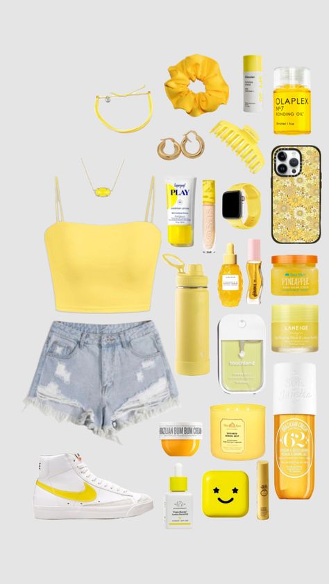 #outfitinspo #beauty #outfits #outfitinspiration #yellow #summer #beach #sun #outfitideas #outfitidea #outfitplanning Honeycore Aesthetic, Vsco Aesthetic Outfits, Preppy Vsco Outfits, Beach Aesthetic Outfits, Beauty Outfits, Preppy Vsco, Yellow Clothes, Yellow Fits, Preppy Summer Outfits