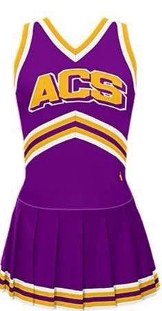 Purple and gold uniform, eagles, ACS, varsity cheer pleated skitt Purple Cheerleader Uniform, Purple Pleated Skirt, Varsity Cheer, Cheer Uniform, Gold And Purple, Physical Education, Purple Gold, Shopping List, Cheerleading