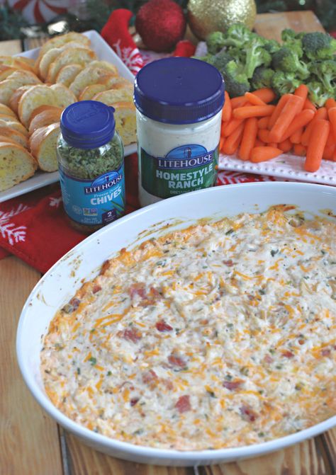 Warm Chicken Bacon Ranch Dip. If you’re looking for the perfect holiday appetizer, look no further than this Warm Chicken Bacon Ranch Dip made so yummy with Litehouse Homestyle Ranch and Litehouse Freeze Dried Chives! It’s creamy, cheesy, flavorful and totally phenomenal! You’ll be hooked at bite one! Grab the dippers and enjoy! #ad #holidayappetizers #diprecipe #appetizers #christmasfood #holidayfood #holidayrecipes @litehousefoods Chicken Bacon Ranch Dip, Party Munchies, Food Dips, Dried Chives, Bacon Ranch Dip, Salsa Recipes, Holiday Appetizer, Appetizer Ideas, Bar Food