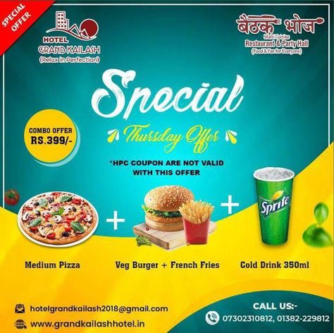 Passionate about pizza Celebrate your Thursday at Baithak Bhoj Restaurant Kotdwar with your buddies and Get great Combo offer.🍕+🍔+🥤. Call Now @+91-073023 10812 . . . #offer #cafe #opening #kotdwara #enjoylife #restaurantfood #food #foodies #restaurantfood #hotel #pizza #burger #drink #pizzatime #pizzaoffer #burgertime Special Pizza, Pizza Burger, Restaurant Recipes, Hotel Restaurant, Special Offer, Cold Drinks, Good Food, Pizza, Cafe