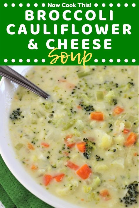 This easy Broccoli, Cauliflower and Cheese Soup is loaded with good-for-you veggies, and it's ready in less than an hour! It's creamy, cheesy, super delicious comfort food! Get the recipe and give it a try! #broccolicauliflowercheesesoup #broccolicheesesoup #soup #souprecipes #comfortfood | nowcookthis.com Brocolli Cauliflower Cheese Soup, Cheesy Broccoli Cauliflower Soup, Cauliflower And Cheese Soup, Cauliflower Broccoli Soup, Autumn Soups, Cauliflower And Cheese, Cheesy Garlic Biscuits, Broccoli Cauliflower Soup, Cauliflower Cheese Soups