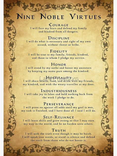 "Nine Noble Virtues VERSION 2!" Poster by LaraAmbrose | Redbubble Norse Lettering, Egyptian Spirituality, Nine Noble Virtues, Noble Virtues, Earth Wisdom, Norse Paganism, Cat Spirit, Pagan Spirituality, Spell Books