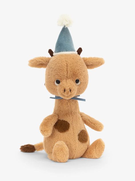 Giraffe Soft Toy, Giraffe Stuffed Animal, Jellycat Stuffed Animals, Animal Birthday Party, Fancy Hats, Good Spirits, Blue Hat, Get The Party Started, Animal Birthday