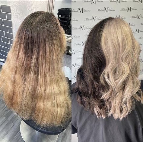 Blonde And Brown Hair Half, Horizontal Split Dyed Hair Brown And Blonde, Split Dyed Hair Natural Colour, Brown Blonde Split Dye, Natural Split Dye Hair, Half Blonde Half Brown, Half Brown Half Blonde Hair Split, Split Dye Hair Ideas, Underdye Hair