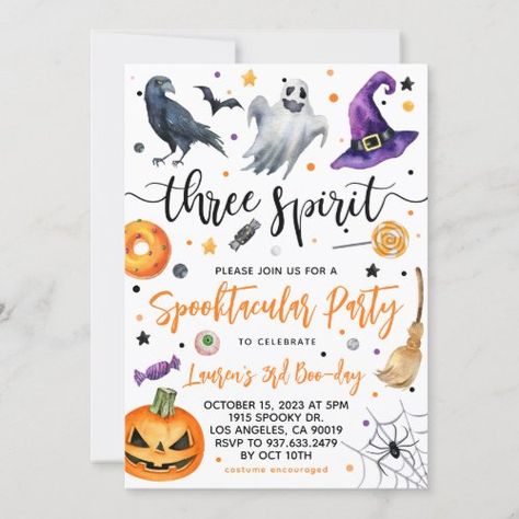 3rd Halloween Birthday Party, Three Spirit Birthday, Scary Halloween Invitations, Spirit Birthday, Halloween Theme Birthday, Two Spooky, Kids Halloween Party Invitations, Mickey Mouse Invitation, Halloween Birthday Invitations