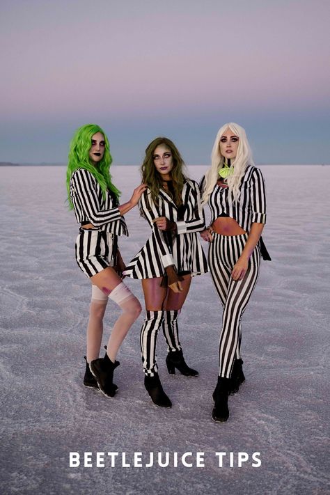 Transform yourself into Beetlejuice with these easy-to-follow costume and makeup ideas. Hot Beetlejuice Costume, Beetlejuice Costume Female, Beetlejuice Couple Costume, Beetlejuice Costume Diy, Black Gothic Outfit, Beetle Juice Costume, Beetlejuice Characters, Beetlejuice Dress, Couples Costume Ideas